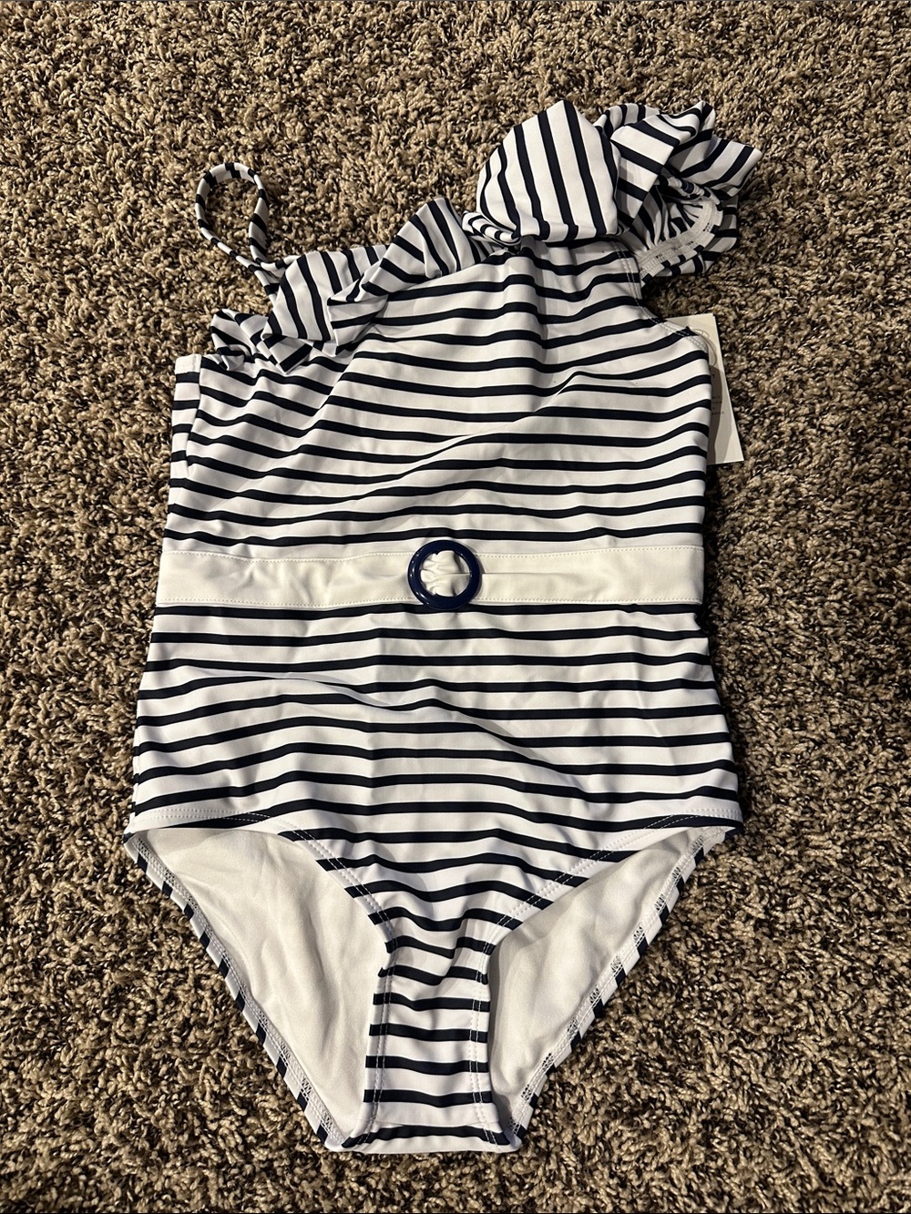 Janie and Jack Navy and White Striped One-Piece Swimsuit with Ruffle Neck